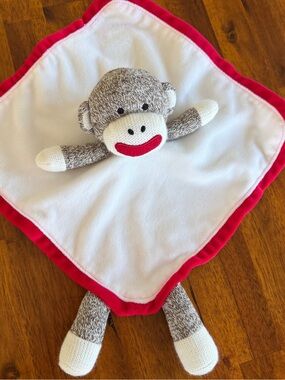 Baby Starters Sock Monkey Lovey Security Blanket White Red & Rattle 11” x 11”